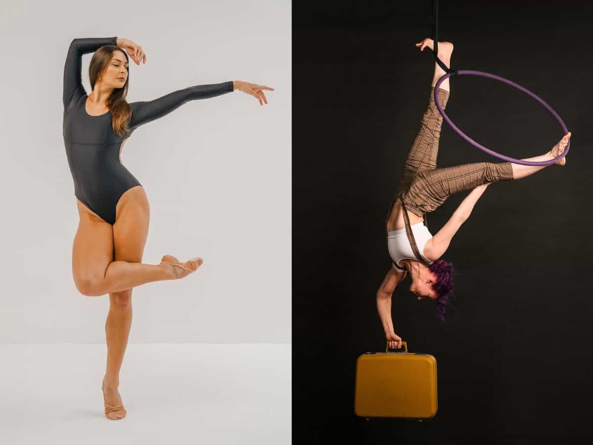 Lowri Rhiannon dancing and Magdalena Weinbeer inverted on the aerial hoop