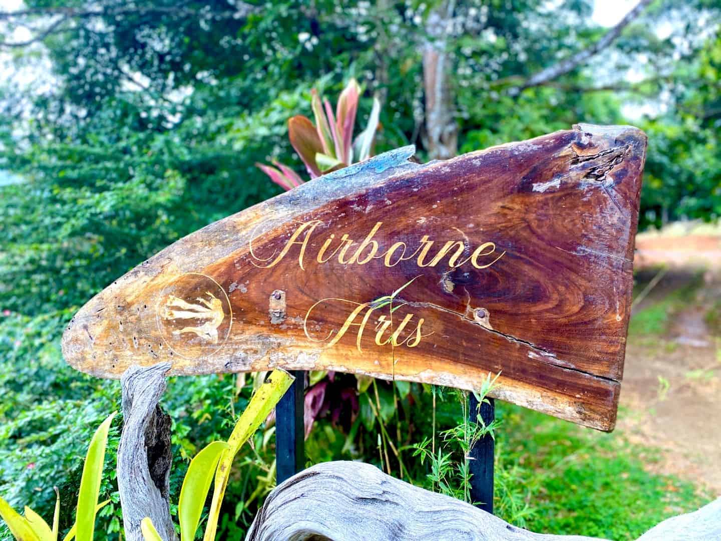 Hand-carved Airborne Arts entrance sign surrounded by jungle