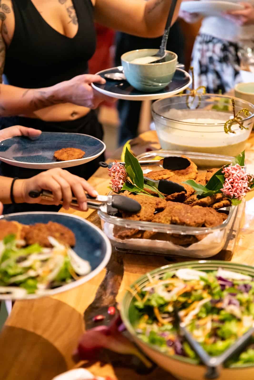 Family-style lunch with fresh salads, grain bowls and seasonal vegetables at Airborne Arts